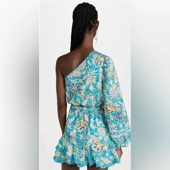 NWT Hemant & Nandita Lyna One Shoulder Cotton Eyelet Floral Ruffle Mini Dress S - Picture 4 of 13